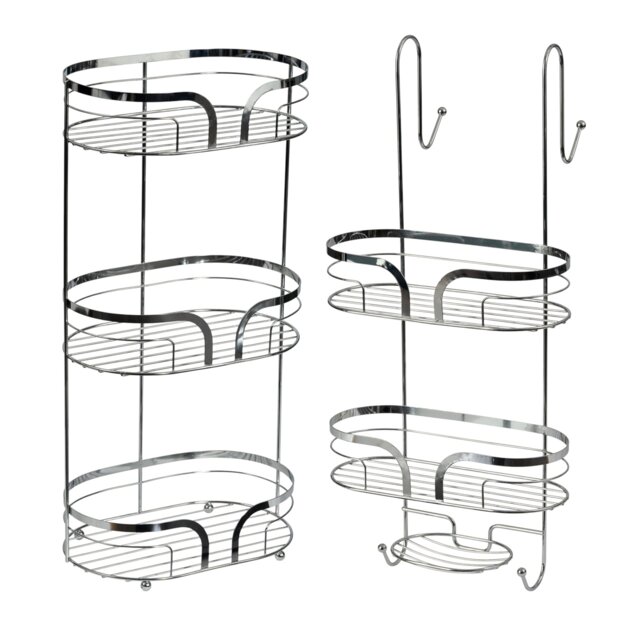 Showerdrape Dante Chrome Floor Caddy and 2 Tier Over Door Hook Shower Caddy Silver Chrome 1