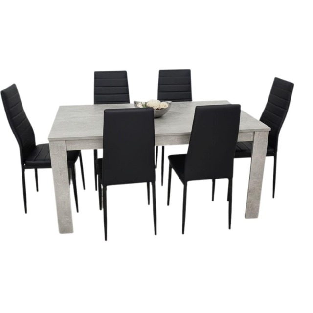 Dining Table and 6 Chairs Stone Grey Effect Wood Table 6 Black Faux Leather Chairs Dining Room