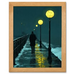 Night Walk in Rain Under Promenade Street Lamps Wood Framed Wall Art Print