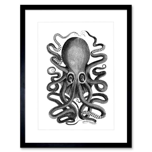 "Vintage Octopus Black White Bathroom Home Decor 12x16"" Framed Wall Art Print"