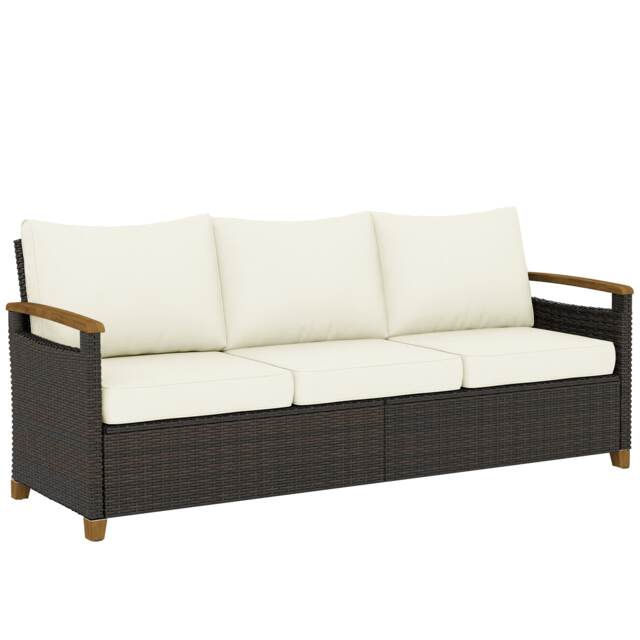 Outsunny 3 Seater Rattan Garden Sofa with Cushioned Wide Seats Brown Brown Three Seater
