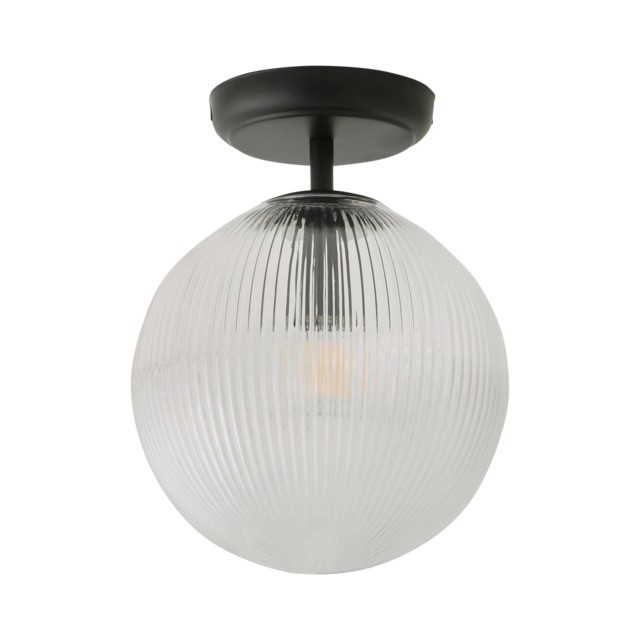 ValueLights Kempton Black Flush Ceiling Light Ribbed Globe Shade and Bulb
