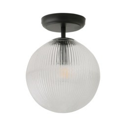 ValueLights Kempton Black Flush Ceiling Light Ribbed Globe Shade and Bulb