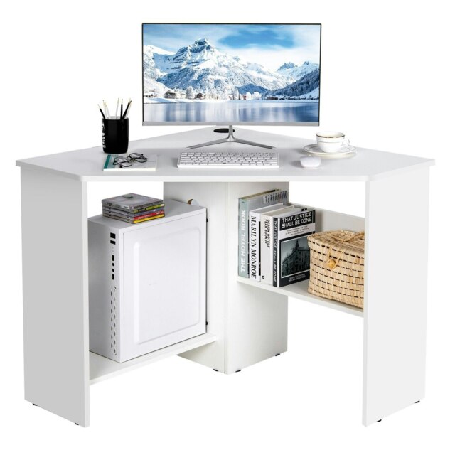 COSTWAY Corner Desk Computer Table Workstation w/ Shelves White White