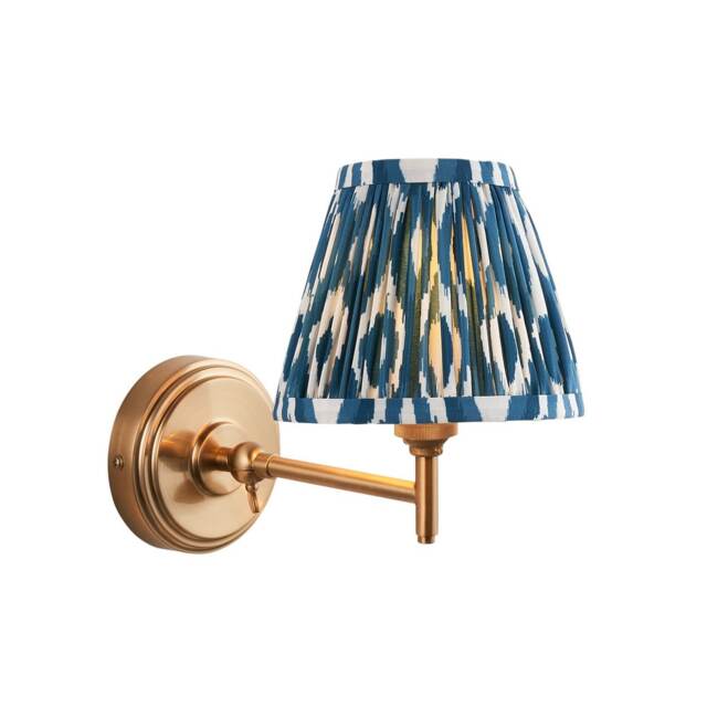 Step Fold Brushed Aged Brass Plate Wall Light with Marlin Blue Fabric Ikat Shade 16cm B22