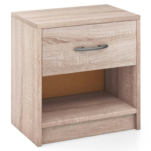 COSTWAY Bedroom Nightstand 3-Tier Bedside Table w/Drawer Natural Brown