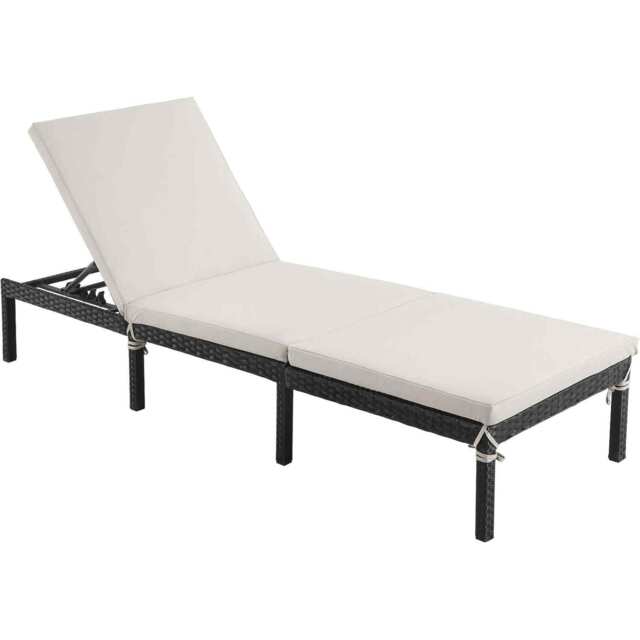Garden Reclining Sun Lounger with Cushioned Mattress, Rattan-Effect Outdoor Lounger for Patio and Terrace, Beige and Black