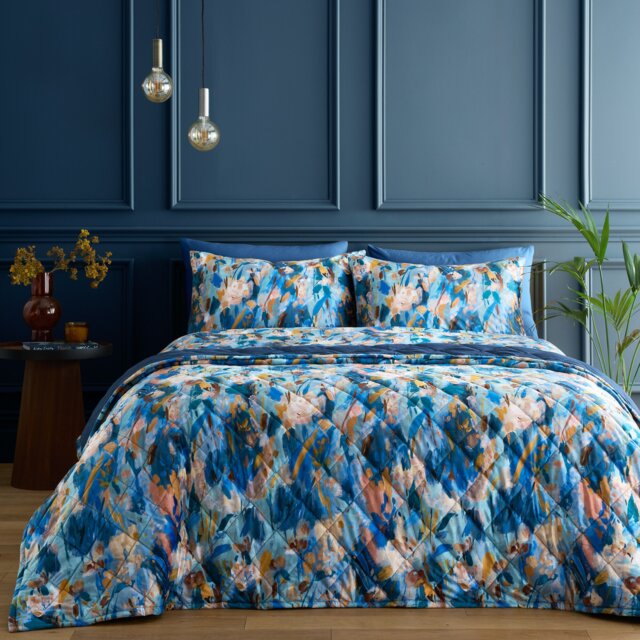 Portfolio Home Daphne Floral Blue Quilted Throwover Bed Throw Blanket 200 x 230cm Blue