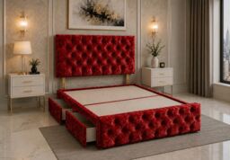 Divan Bed with Upholstered Headboard & Footboard Base 4FT6 Double Red Crush 4 Drawers