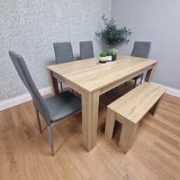 Oak Effect Dining Table Set With 4 Grey Faux Leather Chairs And Bench Dining Room Furniture Brown One Size 6