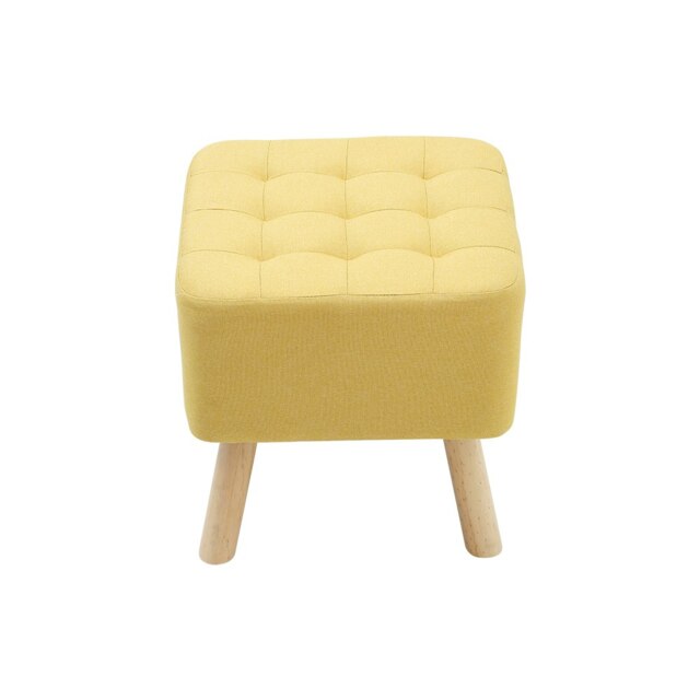 Living and Home Linen Fabric Padded Footstool with Wooden Legs - Yellow