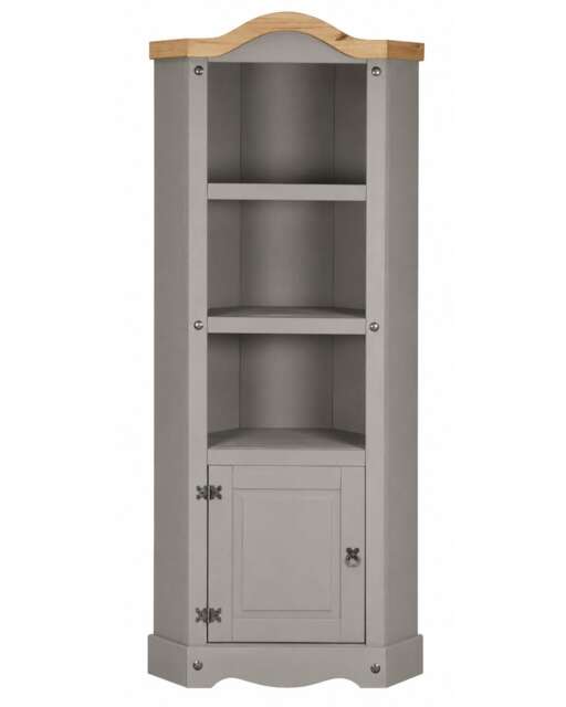 Corona Corner Display Unit Grey Bookcase Pine Cupboard 3 Book Shelves