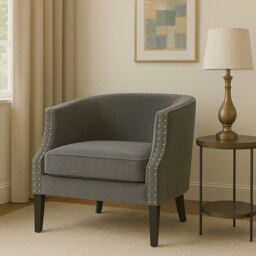 Orsina Grey Velvet Studded Chair, Easy to Clean Leather Armchair, Body Supportive Accent Chair