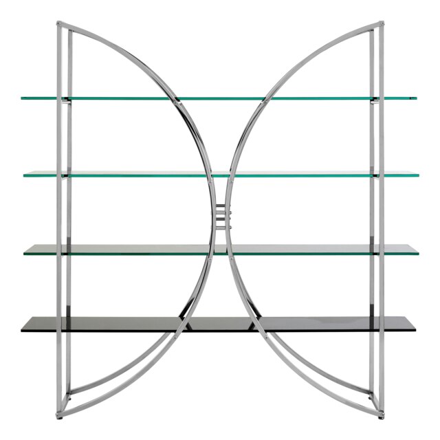Curved Design Shelf Unit With Black Glass Shelves,Versatile Display Unit, Storage Unit,Decorative Shelf Silver