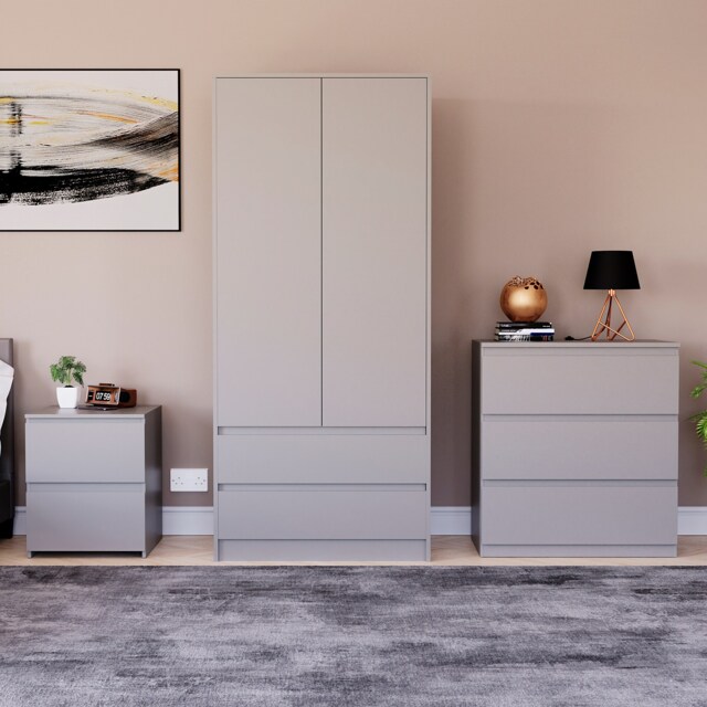 Vida Designs Denver 3 Piece Bedroom Set (2 Drawer Large Bedside Chest, 3 Drawer Chest, 2 Door 2 Drawer Wardrobe), Grey Grey Grey L 3