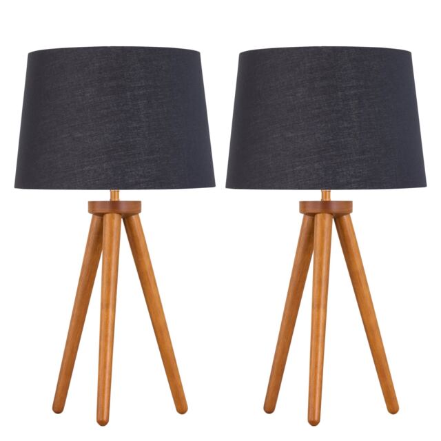 Set of 2 Dark Oak Table Lamp or Bedside Lights with Black Gold Shades Brown Black Large 2