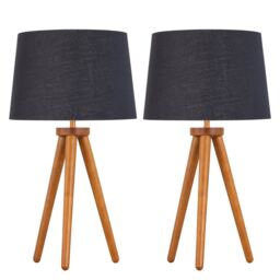 Set of 2 Dark Oak Table Lamp or Bedside Lights with Black Gold Shades Brown Black Large 2