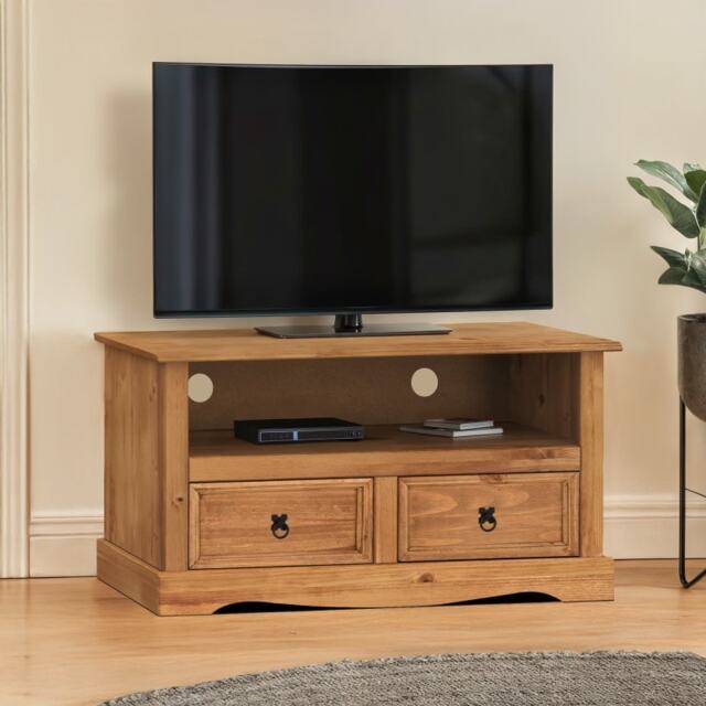 Mercers Furniture Corona Flat Screen 2 Drawer Wide TV Unit Solid Wood Pine Wooden Living Room with Mexican Styling