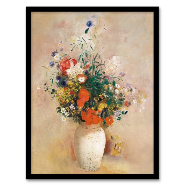 "Vase of Flowers in Pink Background Redon Vintage Framed Wall Art Print 12X16"""