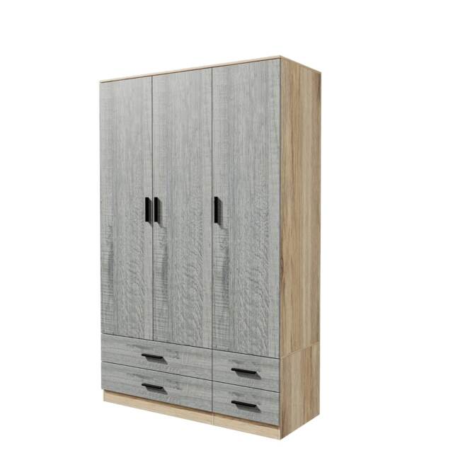 3 Door 4 Drawer Wardrobe With Hanging Rail And Storage Shelf Brown Oak Carcass & Ash Grey Door 1