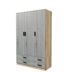 3 Door 4 Drawer Wardrobe With Hanging Rail And Storage Shelf Brown Oak Carcass & Ash Grey Door 1