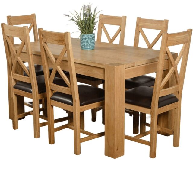 Kuba 150x85 cm Chunky Medium Oak Dining Table and 6 Berkeley Leather Chairs Brown Brown