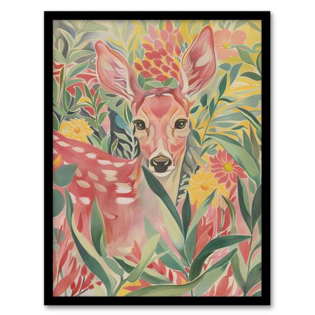 Flower Field Pastel Colour Living Room Deer Black Framed Wall Art Print A4