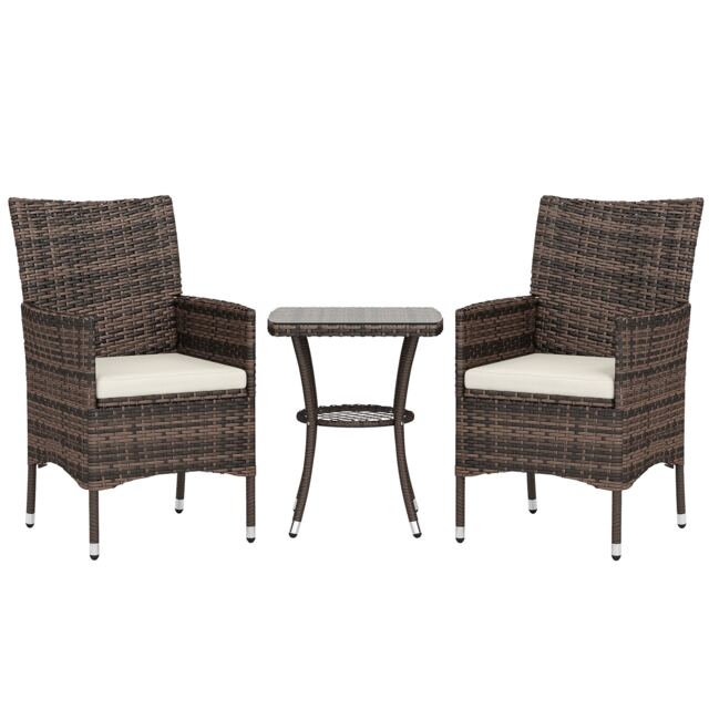 Outsunny Rattan Bistro Set Garden Chair Table Patio Outdoor, Brown Brown
