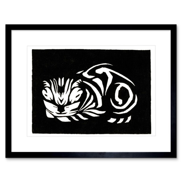 "Woodcut Cat Julie De Graag Black White vintage 9x7"" Black Framed Wall Art Print"