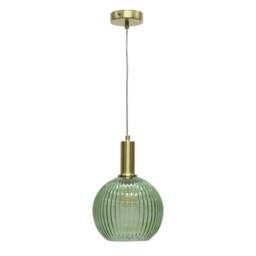 Betchley - Green Ribbed Glass Globe Satin Brass Deco Pendant Fitting