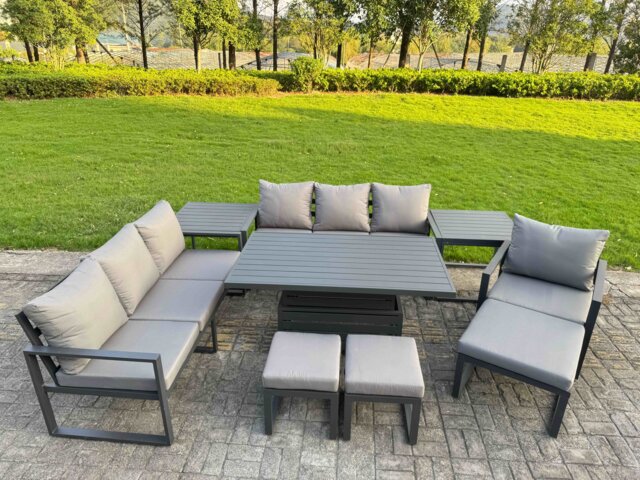 Fimous Garden Aluminium Furniture Set Dark Grey 10 Seater Outdoor Patio Adjustable Rising Lifting Dining Table with 3 Footstools 2 Side Tables Dark Grey