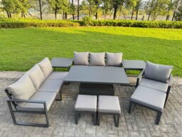 Fimous Garden Aluminium Furniture Set Dark Grey 10 Seater Outdoor Patio Adjustable Rising Lifting Dining Table with 3 Footstools 2 Side Tables Dark Grey