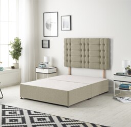 Astoria Divan Bed Base with 30 Inch Diamonte Button Headboard Linen Fabric Brown Wheat King