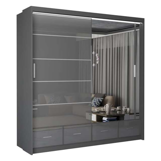 Sliding Wardrobes 4U Sleek High Gloss Mirror Sliding Wardrobe with LED and Drawers - 203cm and 255cm Grey Grey 203cm