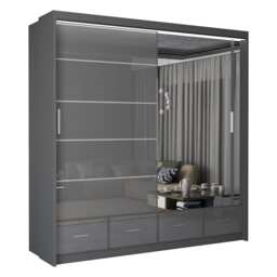 Sliding Wardrobes 4U Sleek High Gloss Mirror Sliding Wardrobe with LED and Drawers - 203cm and 255cm Grey Grey 203cm