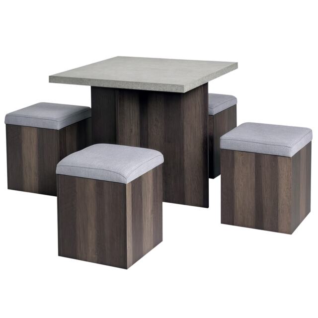 HOMCOM 5PC Dining Set Garden Patio Wooden Set 4 Storage Stools Footrest Ottoman with Cushions Table Space Saving Design Indoor Outdoor