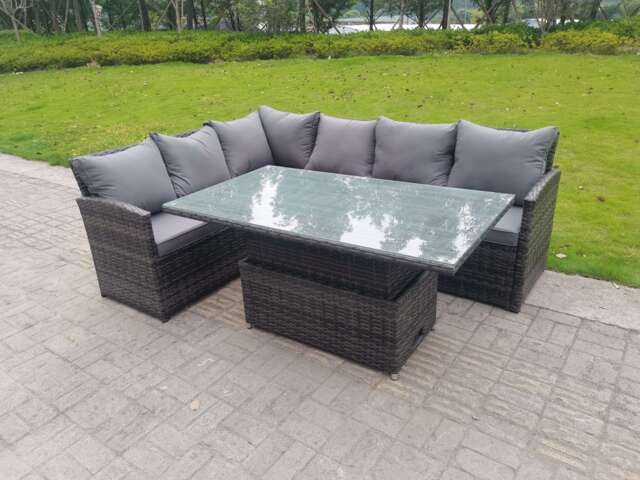Fimous High Back Corner Rattan Garden Furniture Sofa Dining Rising Table Height Adjustable 6 Seater