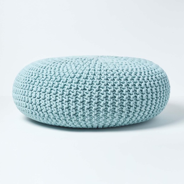 Homescapes Pastel Blue Large Round Cotton Knitted Pouffe Footstool
