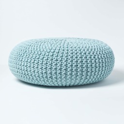 Homescapes Pastel Blue Large Round Cotton Knitted Pouffe Footstool