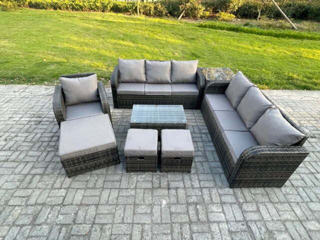 Fimous 10 Seater Rattan Lounge Sofa Set Outdoor Garden Furniture Set with Rectangular Coffee Table 3 Seater Sofa 3 Footstools Side Table Dark Grey Mixed