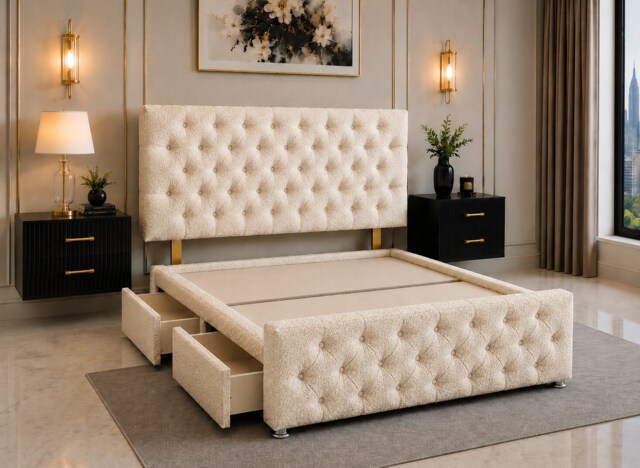 Brooklyn Divan Bed with Upholstered Headboard & Footboard Base - Small Double Cream Teddy 4 Drawers