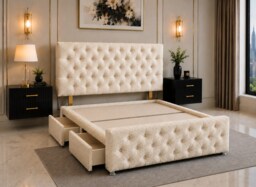 Brooklyn Divan Bed with Upholstered Headboard & Footboard Base - Small Double Cream Teddy 4 Drawers