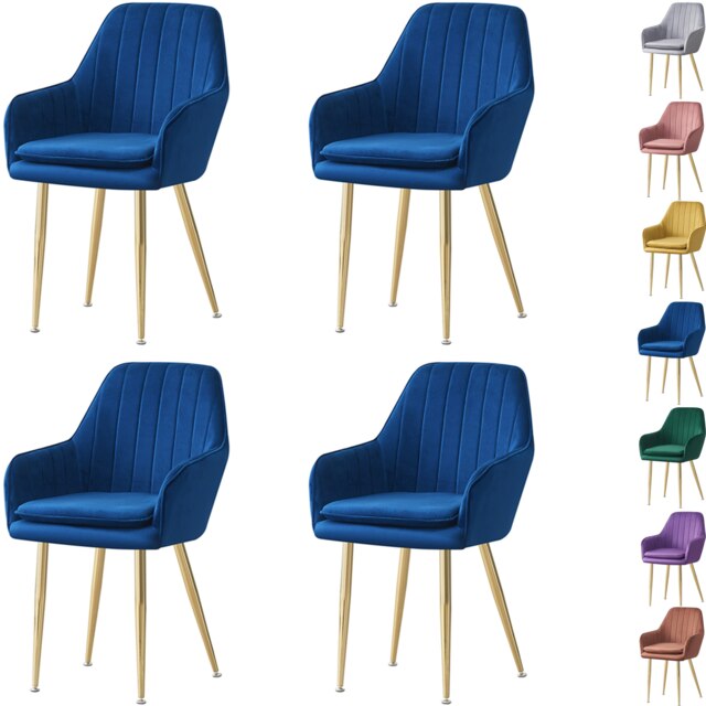 MOF Set of 4 Dining chair Armchair with Armrest & Backrest Upholstered seat with Metal legs T05 Blue