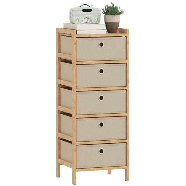 HOMCOM Chest of Drawers, 4 Drawers Dresser with Bamboo Frame Cream Cream White Not provided