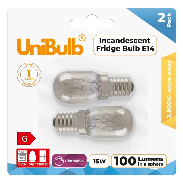 UniBulb Fridge / Oven / Salt Lamp Pygmy E14 Small Edison Screw (SES) 100lm 15W 2800K (Warm White) Incandescent Dimmable Light Bulbs - Pack of 2