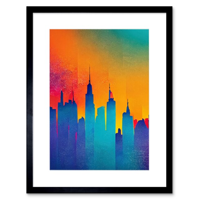 "Modern Abstract Warm Bright Colourful New York Skyline 9x7"" Black Framed Wall Art Print"