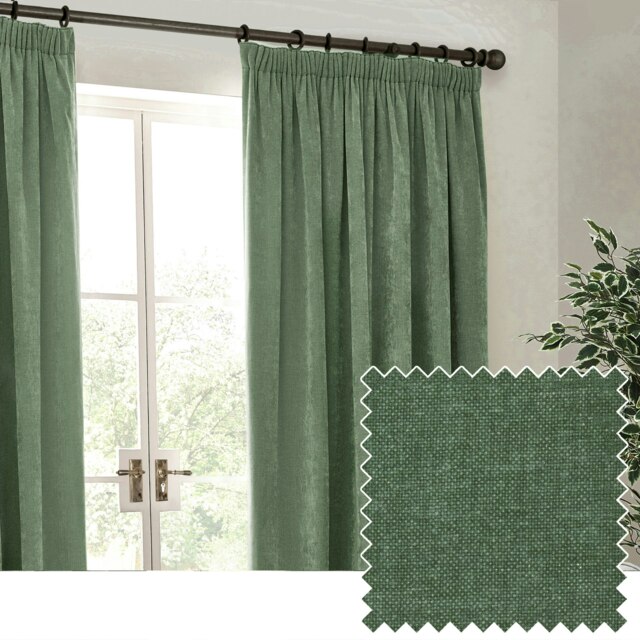 Yard Heavy Chenille Velvet Eucalyptus Pencil Pleat Curtains (W)229cm x (D)137cm Multi