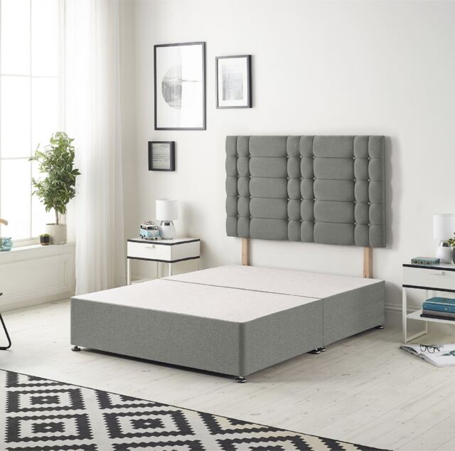 Astoria Divan Bed Base with 30 Inch Diamonte Button Headboard Linen Fabric Silver Silver King