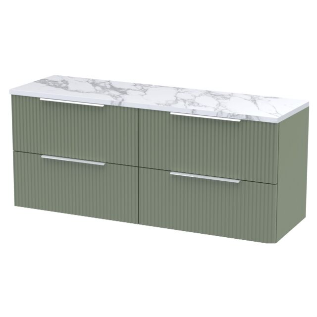 Balterley Tixall Fluted 4 Drawer Wall Hung Vanity Unit with Laminate Worktop, Satin Green, 1215mm