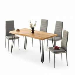 Brown Wooden Dining Table Hairpin Legs with 4 Black Faux Leather Chairs - Dining Kitchen Room Furniture